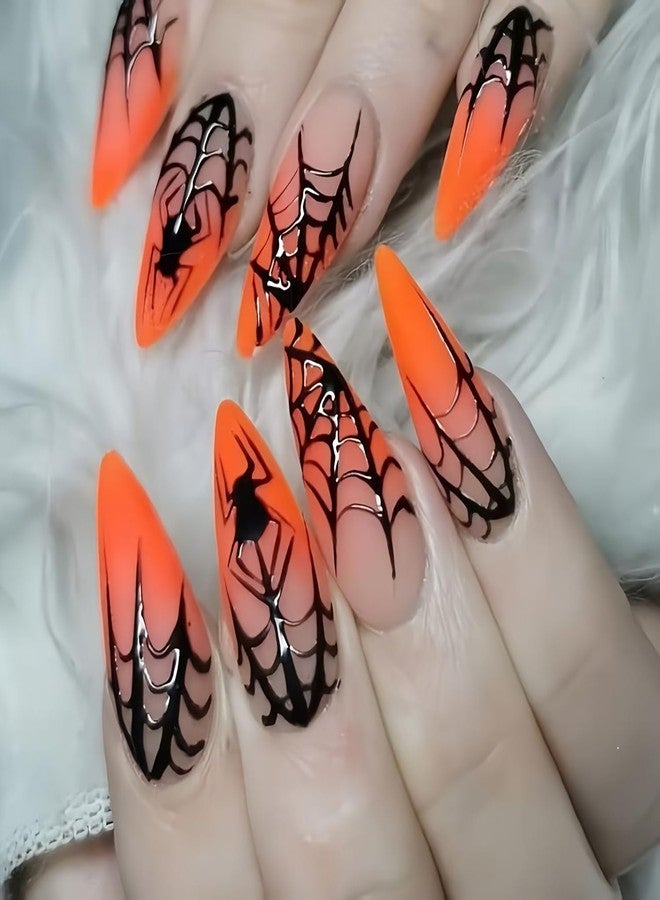 TBRZTR Hallowen Press on Nails Medium Almond Spider Web False Nail Full Cover Glossy Acrylic Artificial Fingernails Spider Pattern Halloween Nail Orange Gradient Press Ons Festival Stick on Nails for Women - Image 1